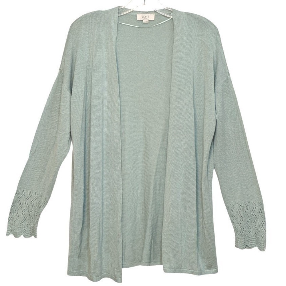 LOFT Cardigan Womens Green Open Front Pointelle Scallop Fall Transitional L